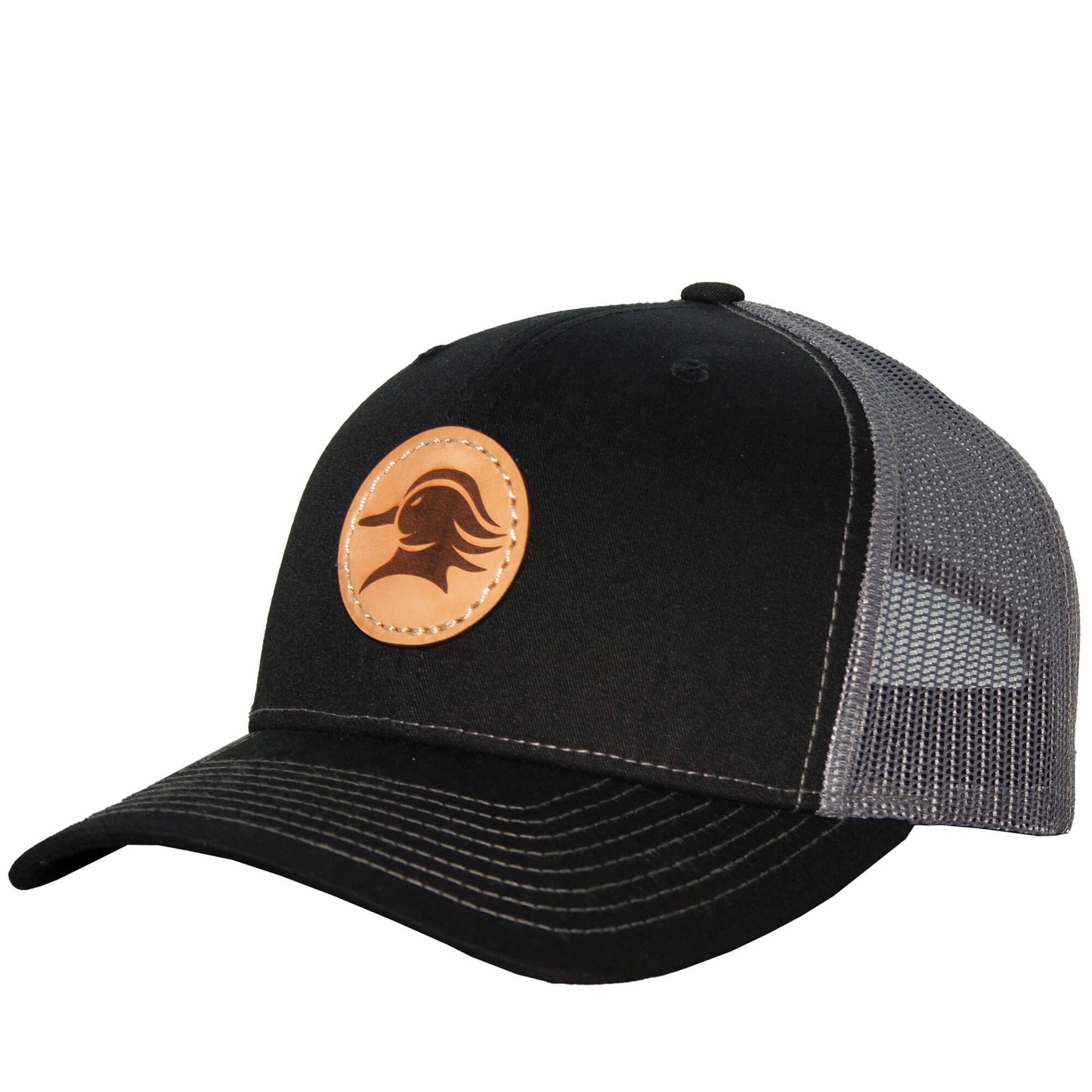 AVES Duck Leather patch Trucker Hat Black/gray Branded Logo Gear front