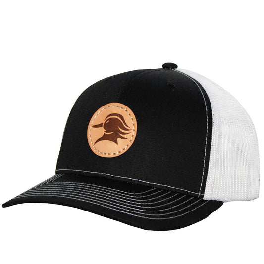 AVES Duck Leather patch Trucker Hat Black/white Branded Logo Gear front