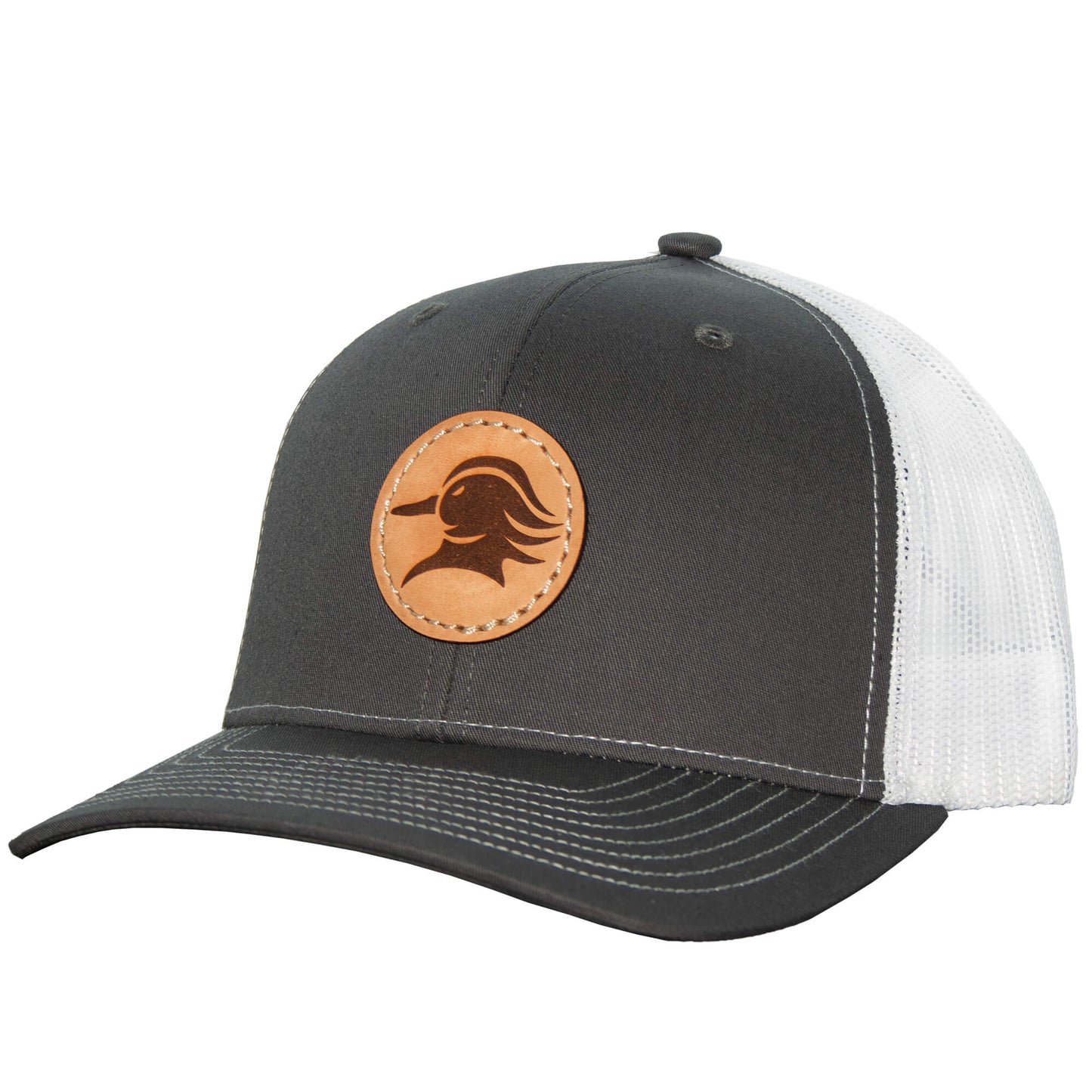 AVES Duck Leather patch Trucker Hat Gray/white Branded Logo Gear front
