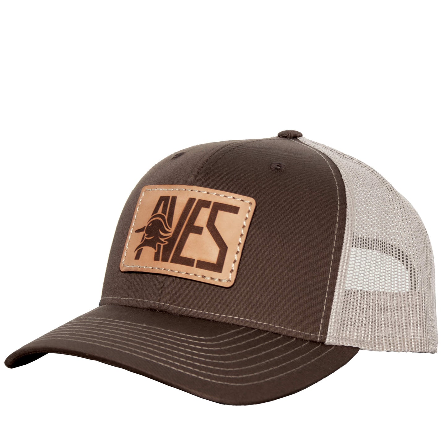 AVES Leather Patch Trucker Hat brown/white Branded Logo Gear front