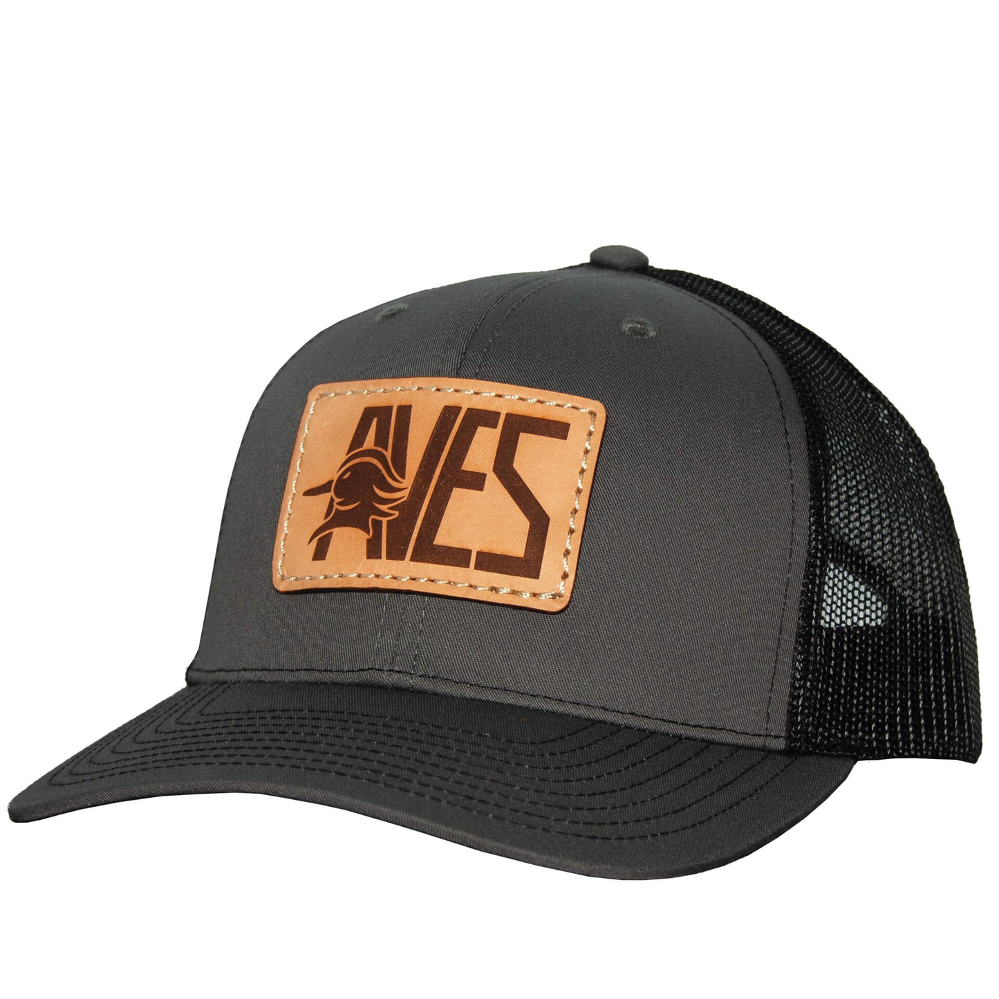 AVES Leather Patch Trucker Hat gray/black Branded Logo Gear front