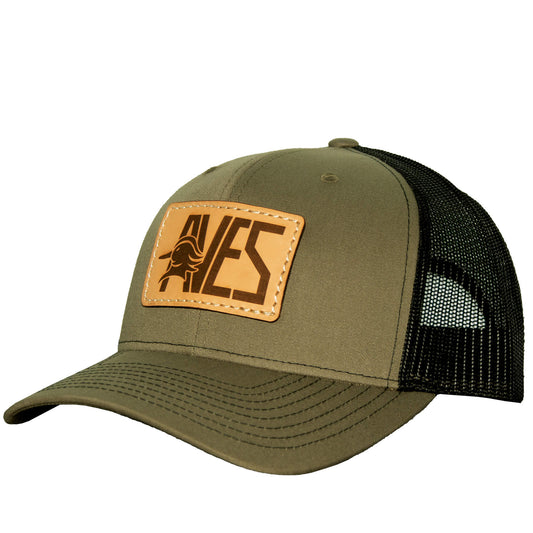 AVES Leather Patch Trucker Hat Olive/black Branded Logo Gear front