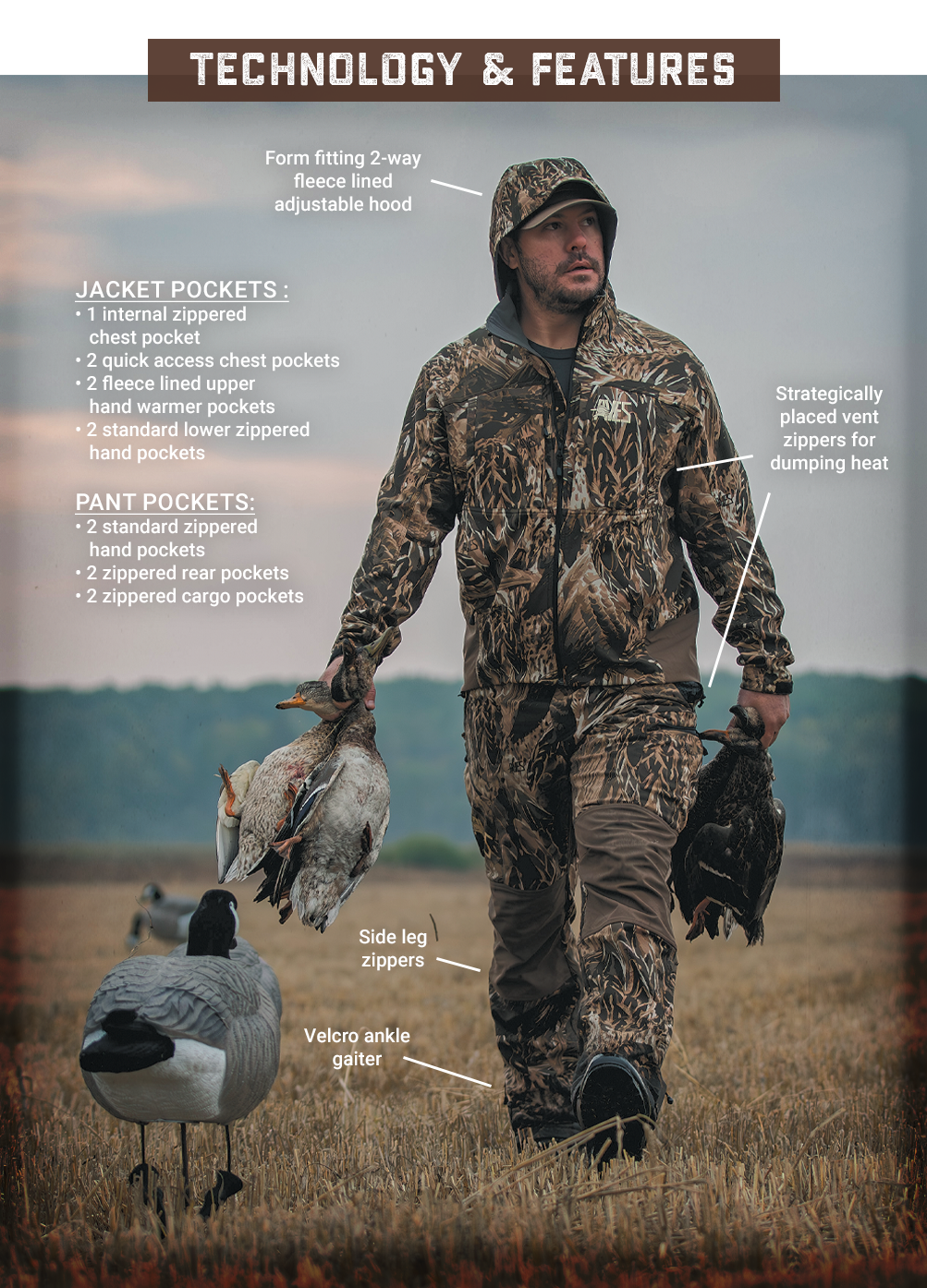 AVES drifter jacket best camo duck hunting mid-weight 4-way stretch outer layer jacket is loaded with waterfowl features