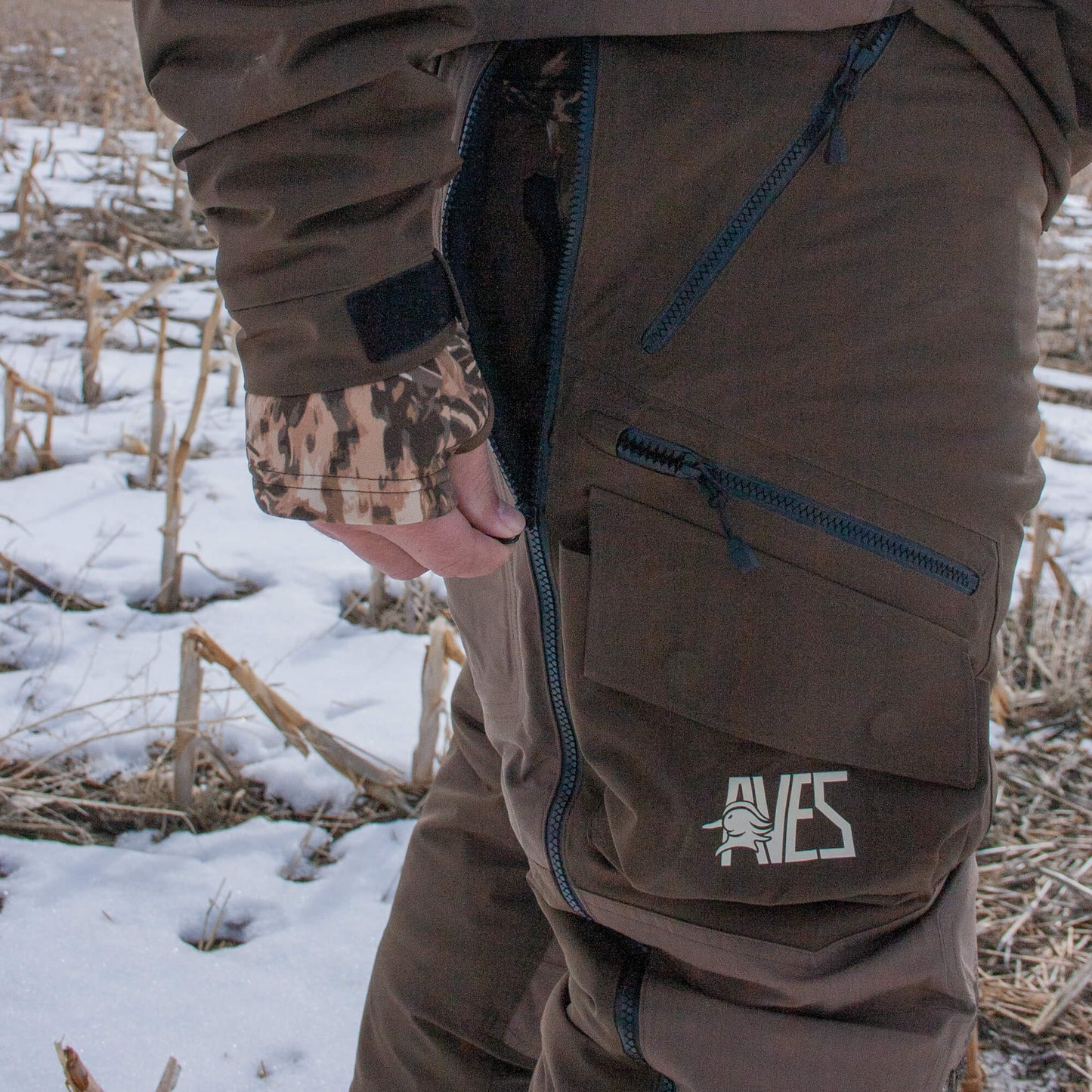 AVES Bering Bibs solid brown 5-star waterfowl hunting cold weather waterproof insulated bibs hip to ankle zipper