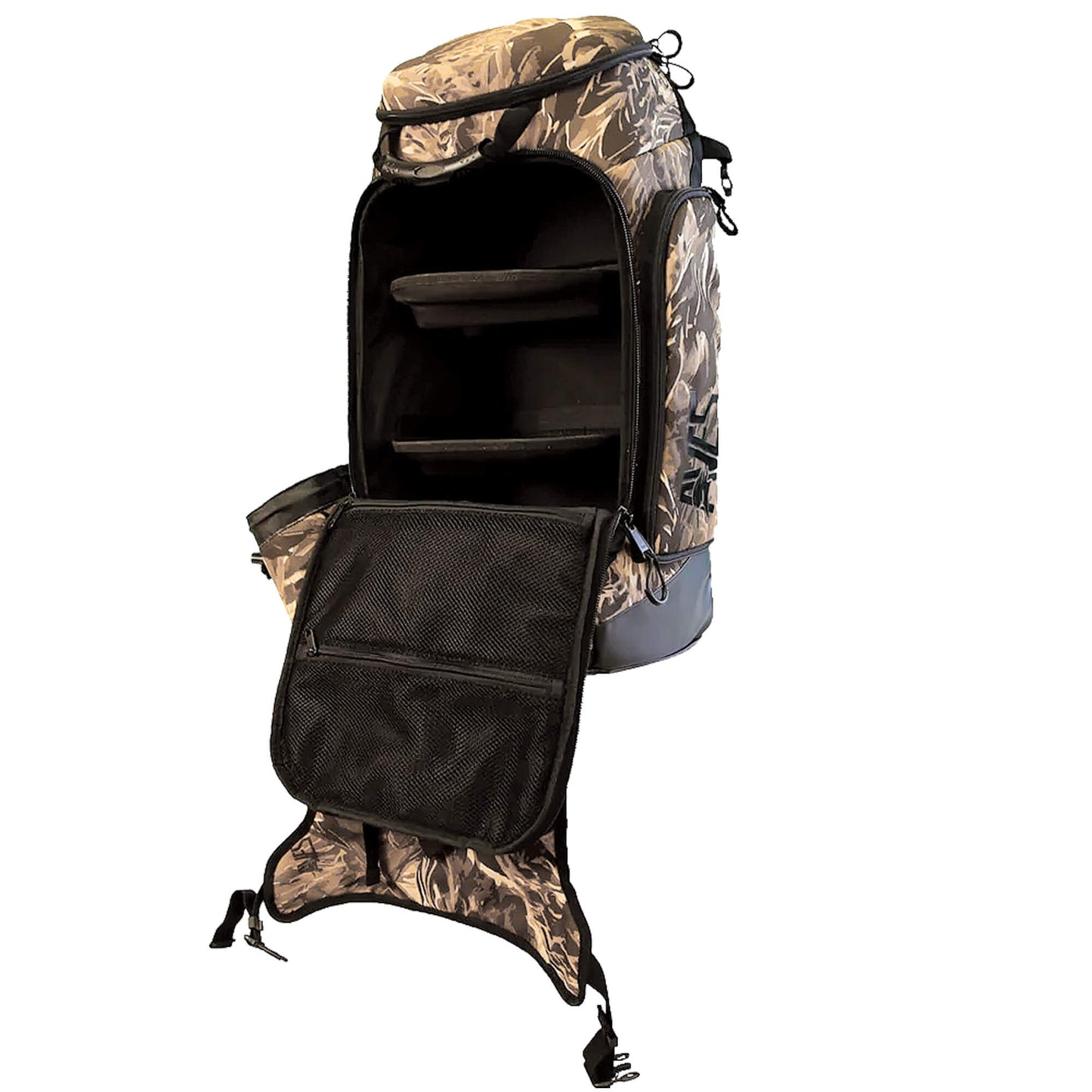 AVES Hybrid Elite Pack refuge camo most organized duck hunting adjustable shelves 40 liter backpack with gun holder inside