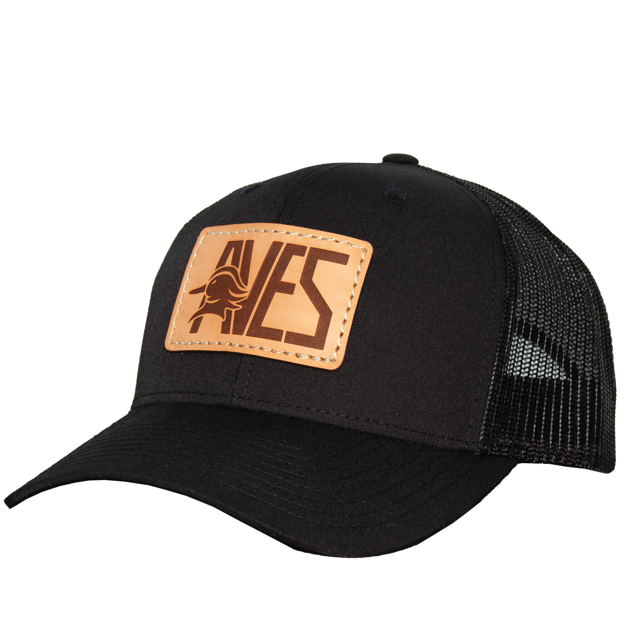 AVES Leather Patch Trucker Hat black Branded Logo Gear front