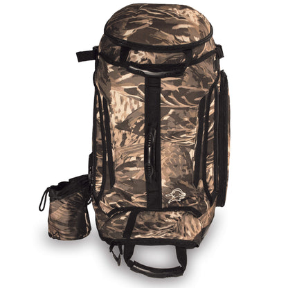 AVES Hybrid Elite Pack refuge camo best duck hunting adjustable shelves 40 liter backpack with gun holder front 