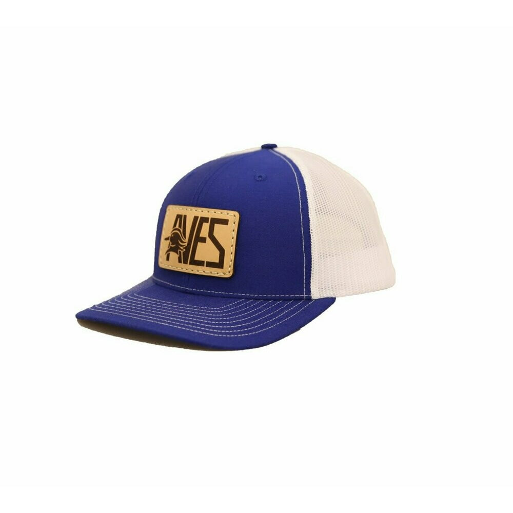 AVES Leather Patch Trucker Hat blue/white Branded Logo Gear front