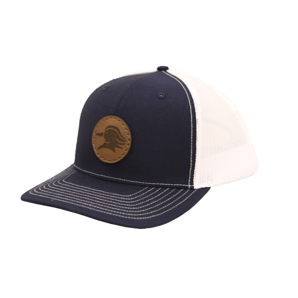 AVES Duck Leather patch Trucker Hat Blue/white Branded Logo Gear front